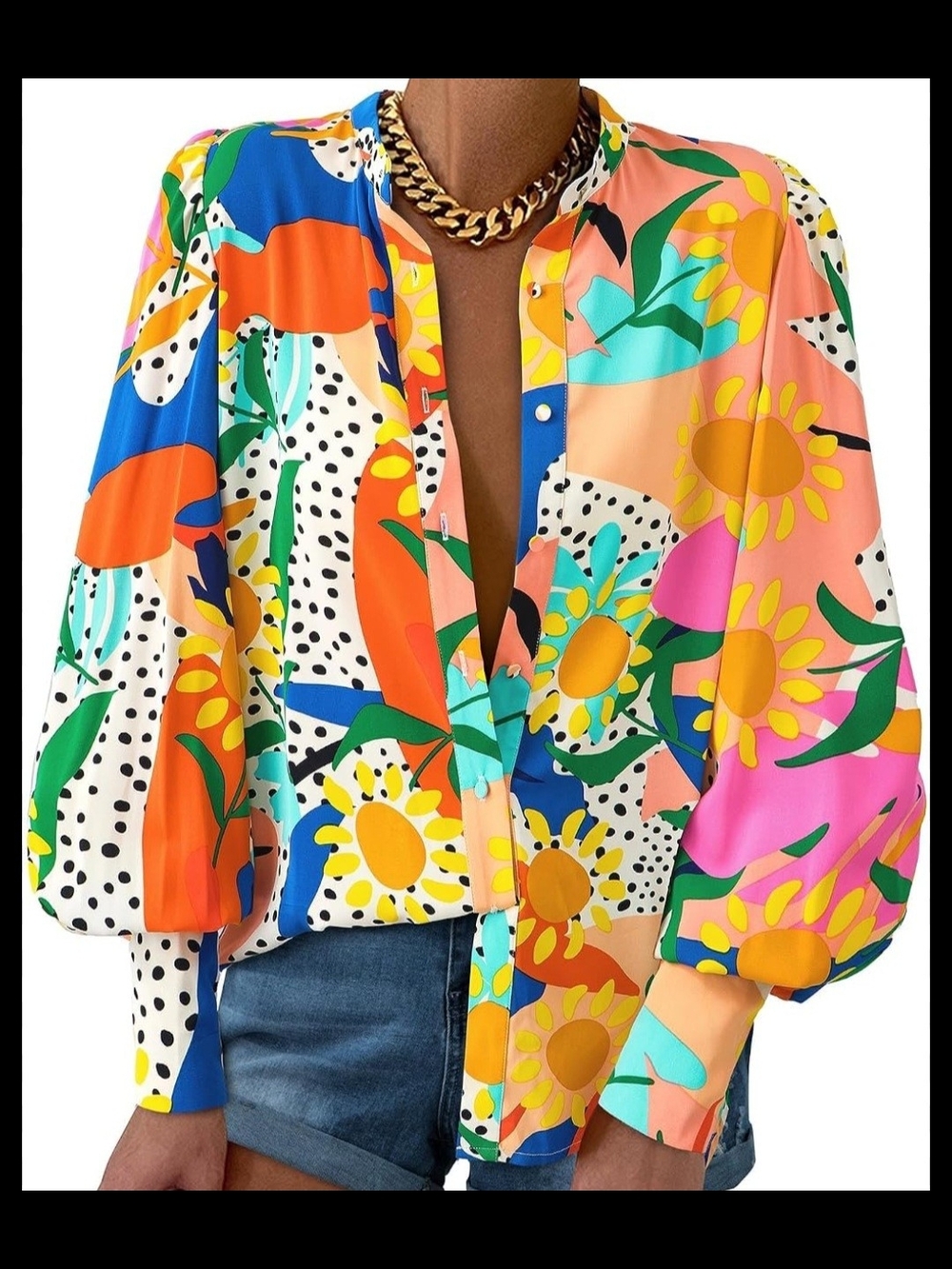 Vibrant Floral Button-Up Blouse in Multi New 2xl